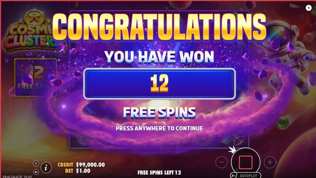 Tampilan visual slot Cosmic Clusters dengan tema neon luar angkasa